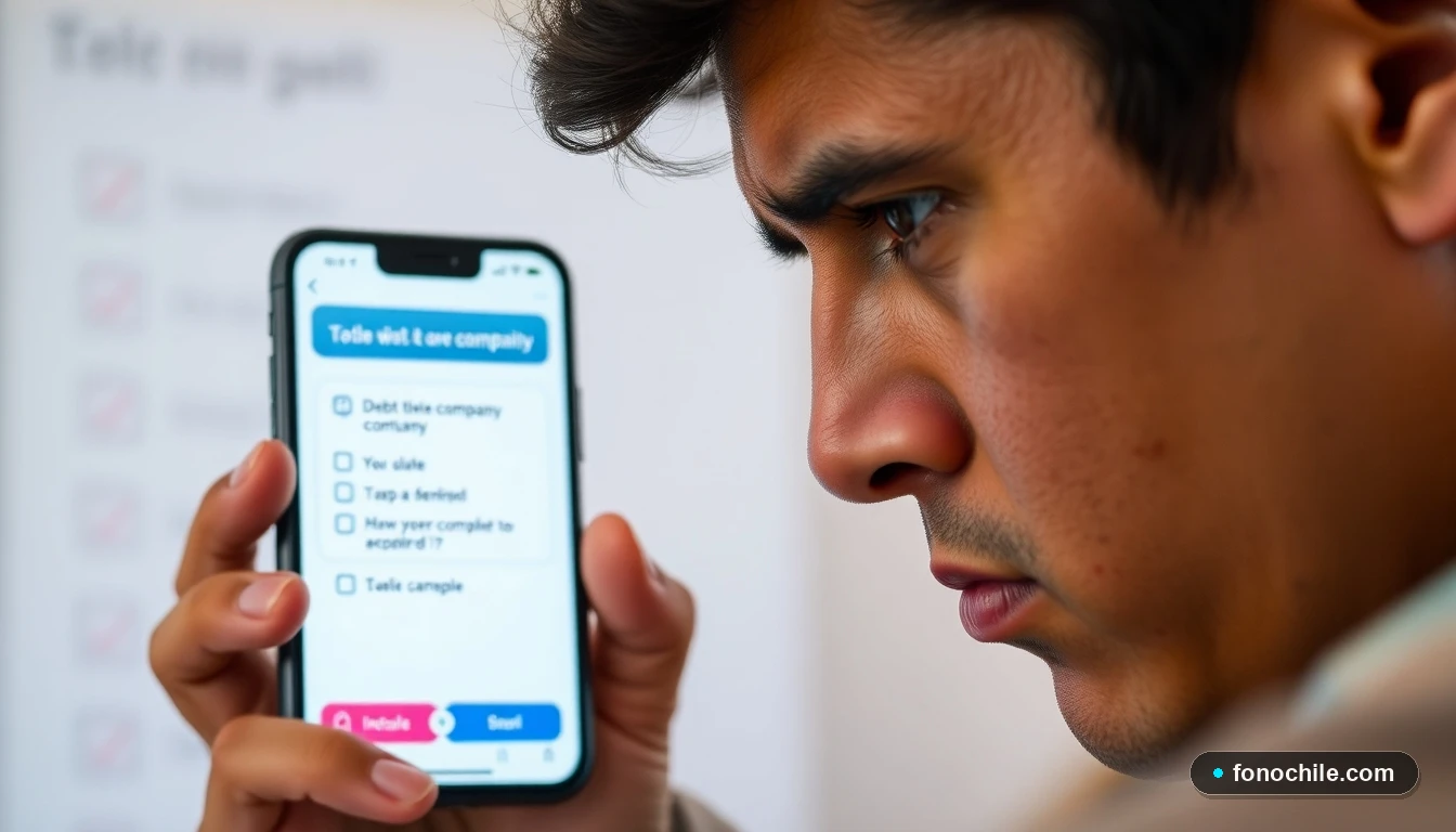 Persona en Chile revisando deuda telefónica en su celular con opciones de solución al fondo