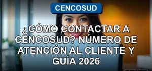 Mujer sonriente en una oficina moderna representando el servicio al cliente de Cencosud, con gráficos abstractos en la pantalla del computador.