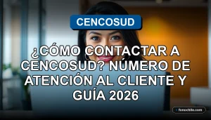 Mujer sonriente en una oficina moderna representando el servicio al cliente de Cencosud, con gráficos abstractos en la pantalla del computador.