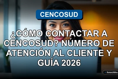 Mujer sonriente en una oficina moderna representando el servicio al cliente de Cencosud, con gráficos abstractos en la pantalla del computador.