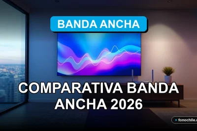 Comparativa de servicios de banda ancha 2026 en Chile, gráficos de velocidad en pantallas abstractas.