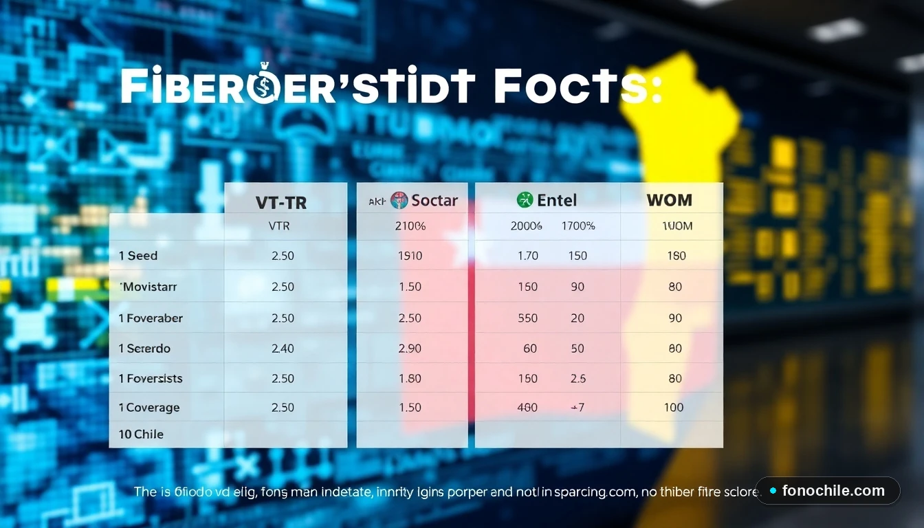 Infografía comparativa de proveedores de fibra óptica en Chile: VTR, Movistar, Entel y WOM.