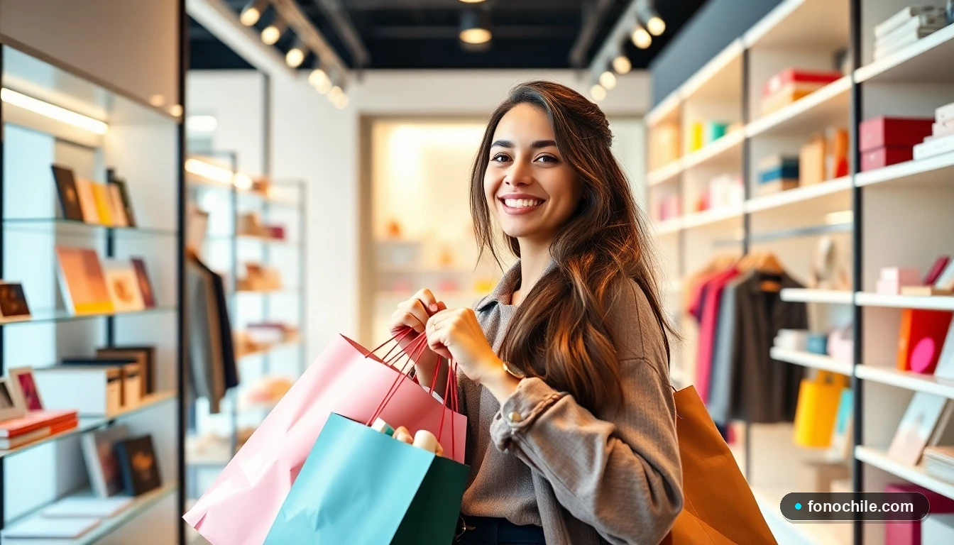 Mujer feliz haciendo compras asequibles en una tienda de retail moderna en Santiago, Chile