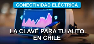 Cargador de auto eléctrico conectado a la red en Chile, mostrando gráficos abstractos de flujo de energía en su pantalla.