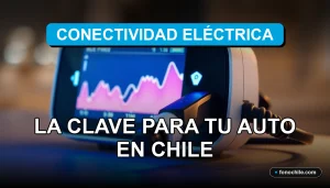 Cargador de auto eléctrico conectado a la red en Chile, mostrando gráficos abstractos de flujo de energía en su pantalla.