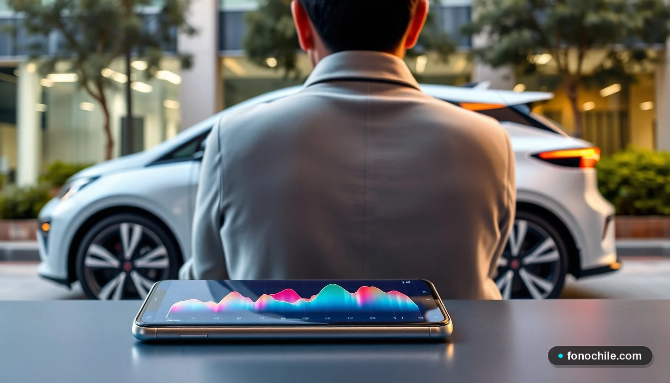 Auto eléctrico en Chile con app mostrando gráficos de red de recarga inteligente en 2026