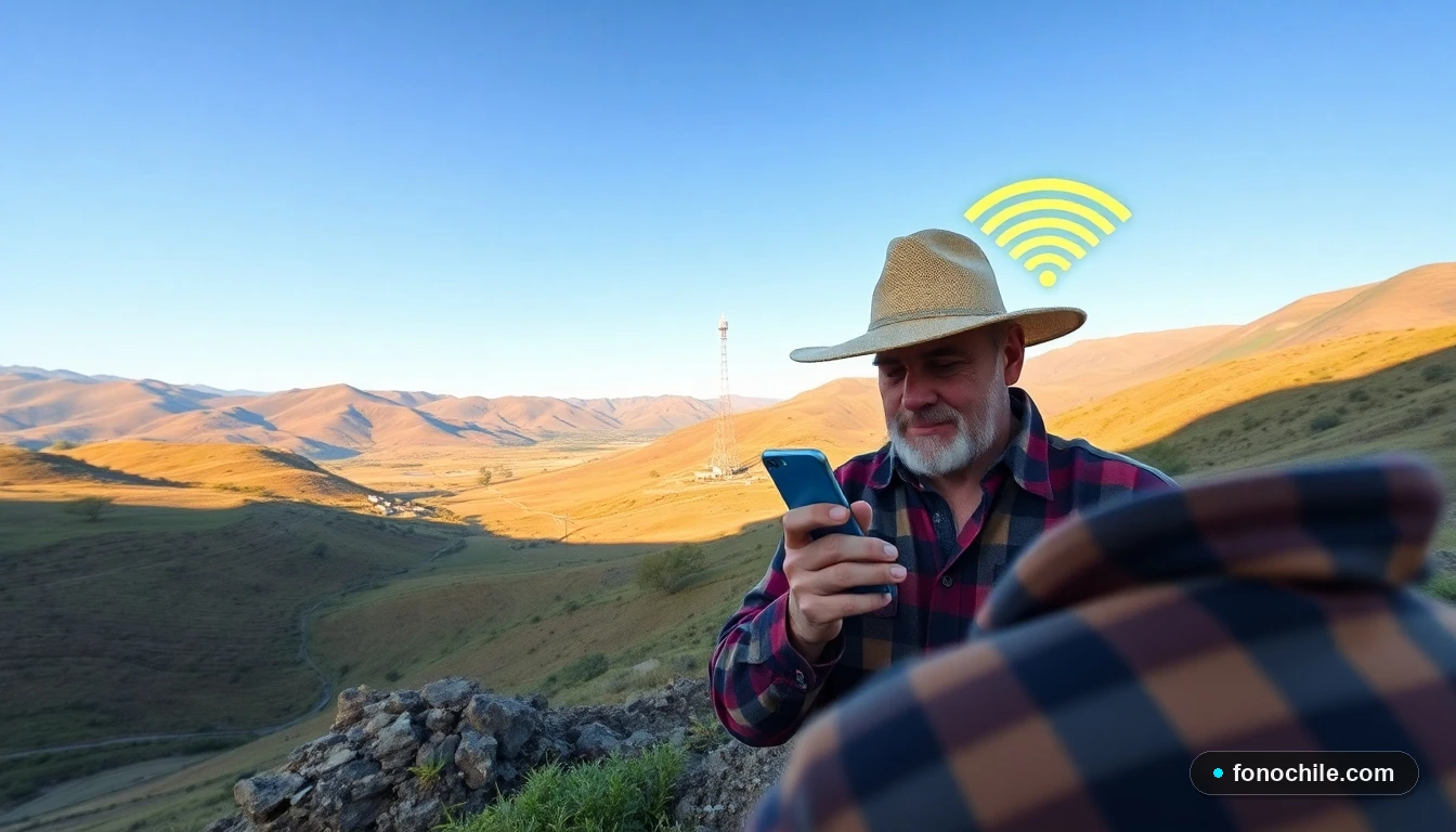 Conectividad rural en Chile: persona usando smartphone con buena señal en un campo chileno con torre de telecomunicaciones al fondo.