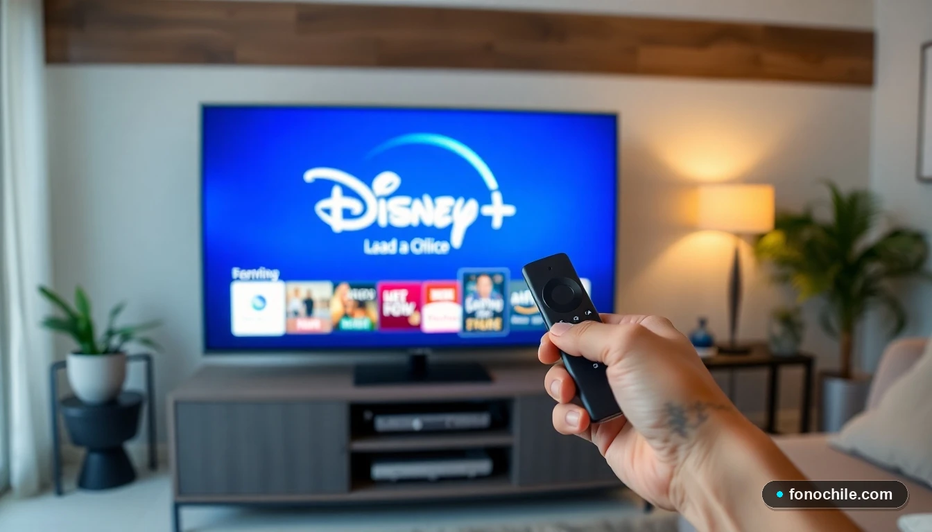 Persona en Chile configurando un Amazon Fire TV Stick para ver Disney+ en su televisor moderno.