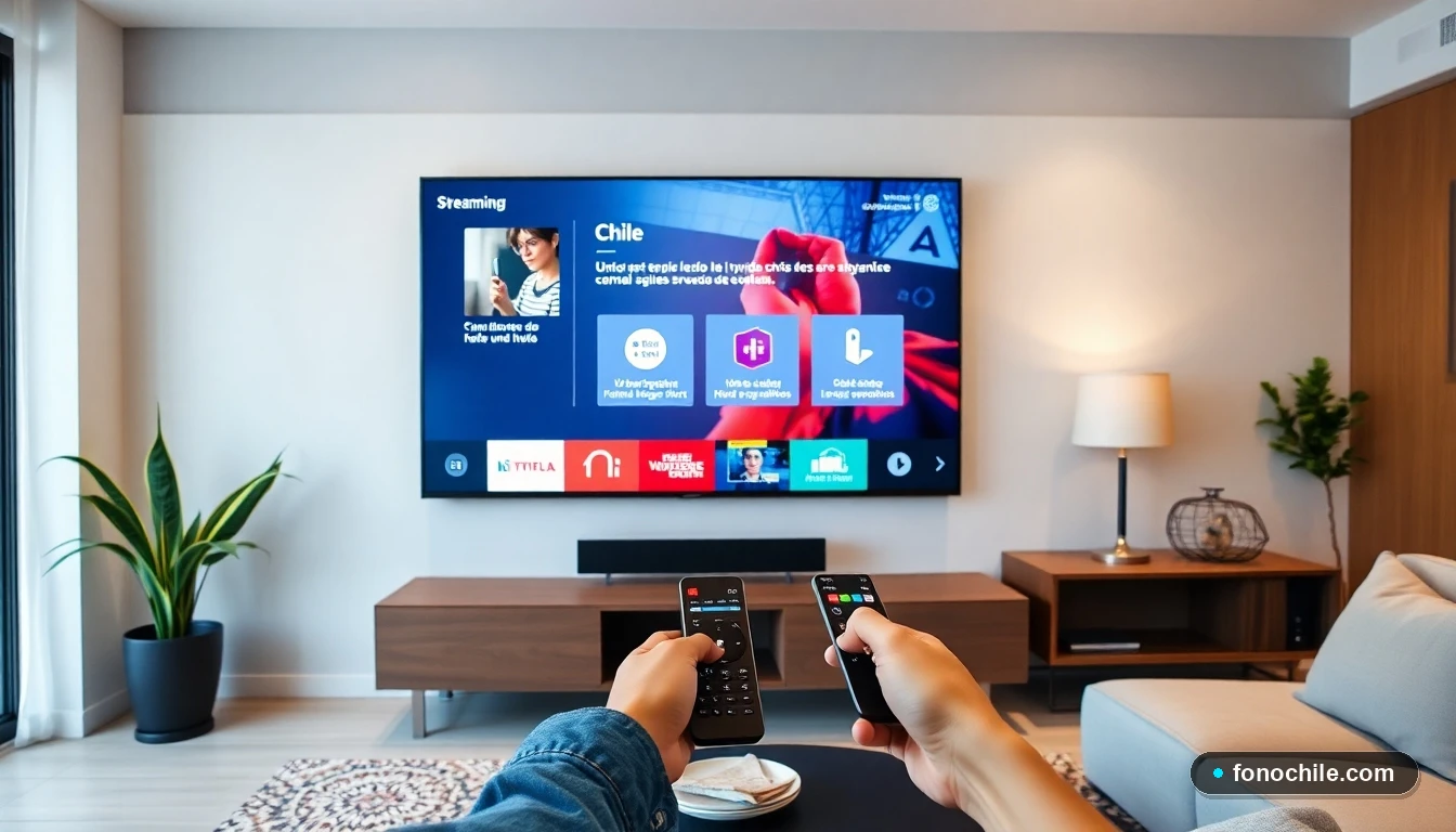Persona configurando una Smart TV moderna en una casa en Chile, mostrando menús de configuración y aplicaciones de streaming.
