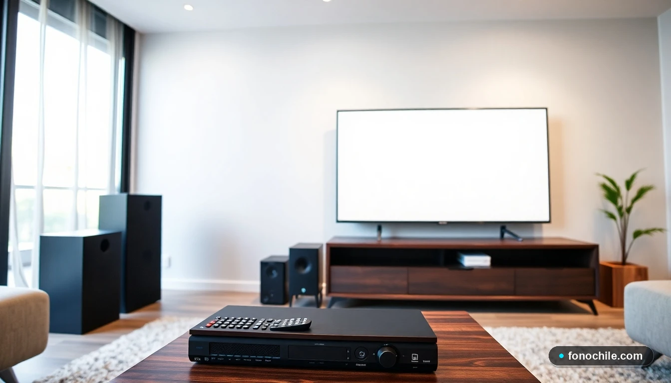 Configuración moderna de home theater en un living chileno con TV, sistema de sonido y control remoto DIRECTV