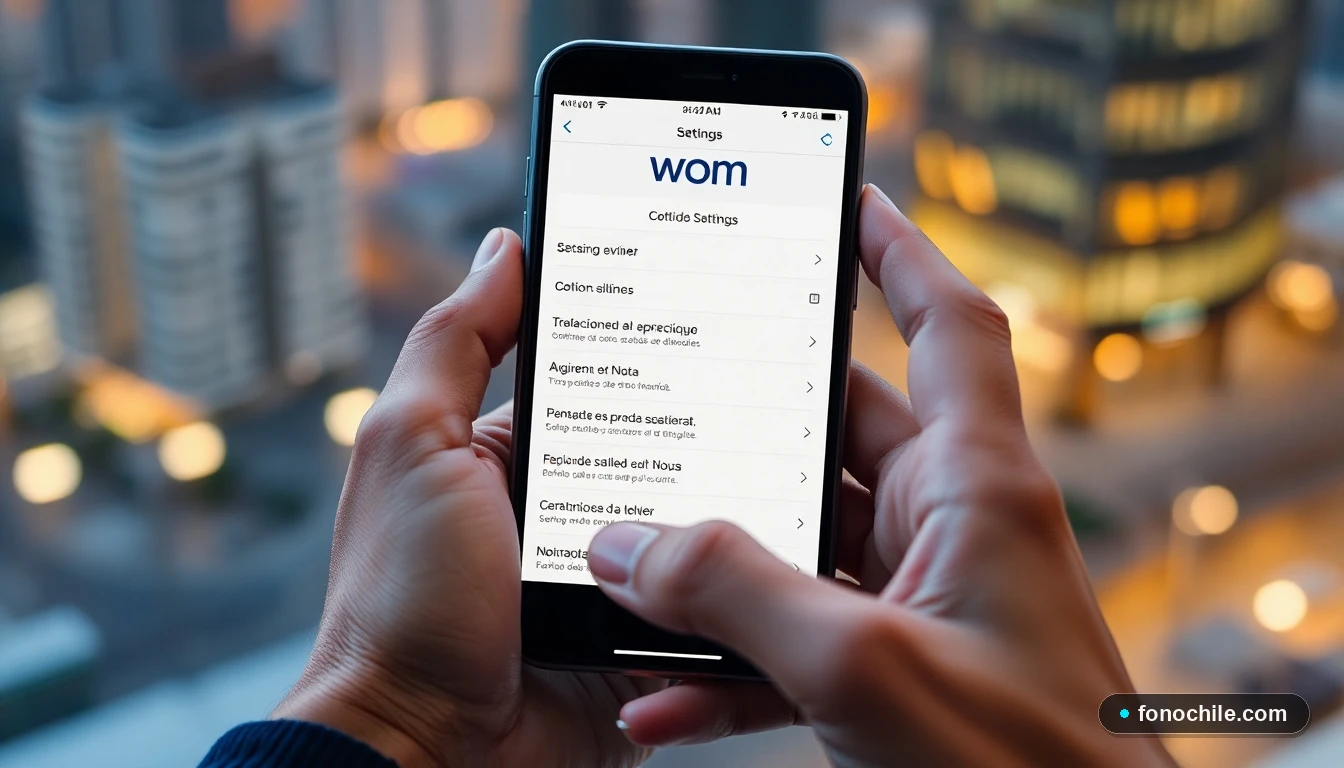 Persona configurando su teléfono móvil WOM en Chile, mostrando menú de ajustes