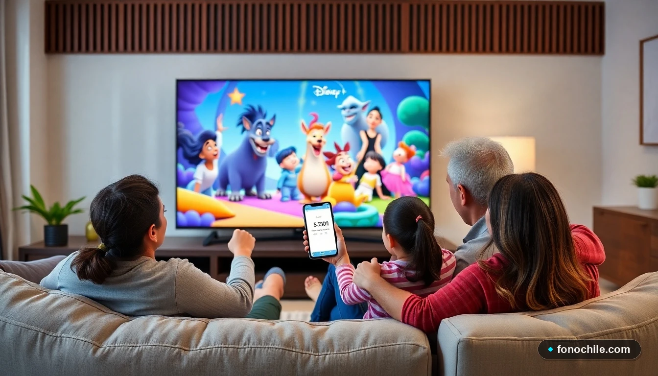 Familia chilena configurando los controles parentales de Disney Plus en su televisor inteligente.