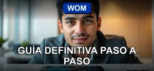 Hombre revisando su deuda con WOM en un teléfono inteligente, mostrando gráficos abstractos en la pantalla.
