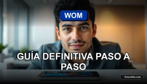 Hombre revisando su deuda con WOM en un teléfono inteligente, mostrando gráficos abstractos en la pantalla.