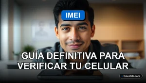 Hombre chileno verifica el IMEI de su teléfono móvil en un escritorio moderno.