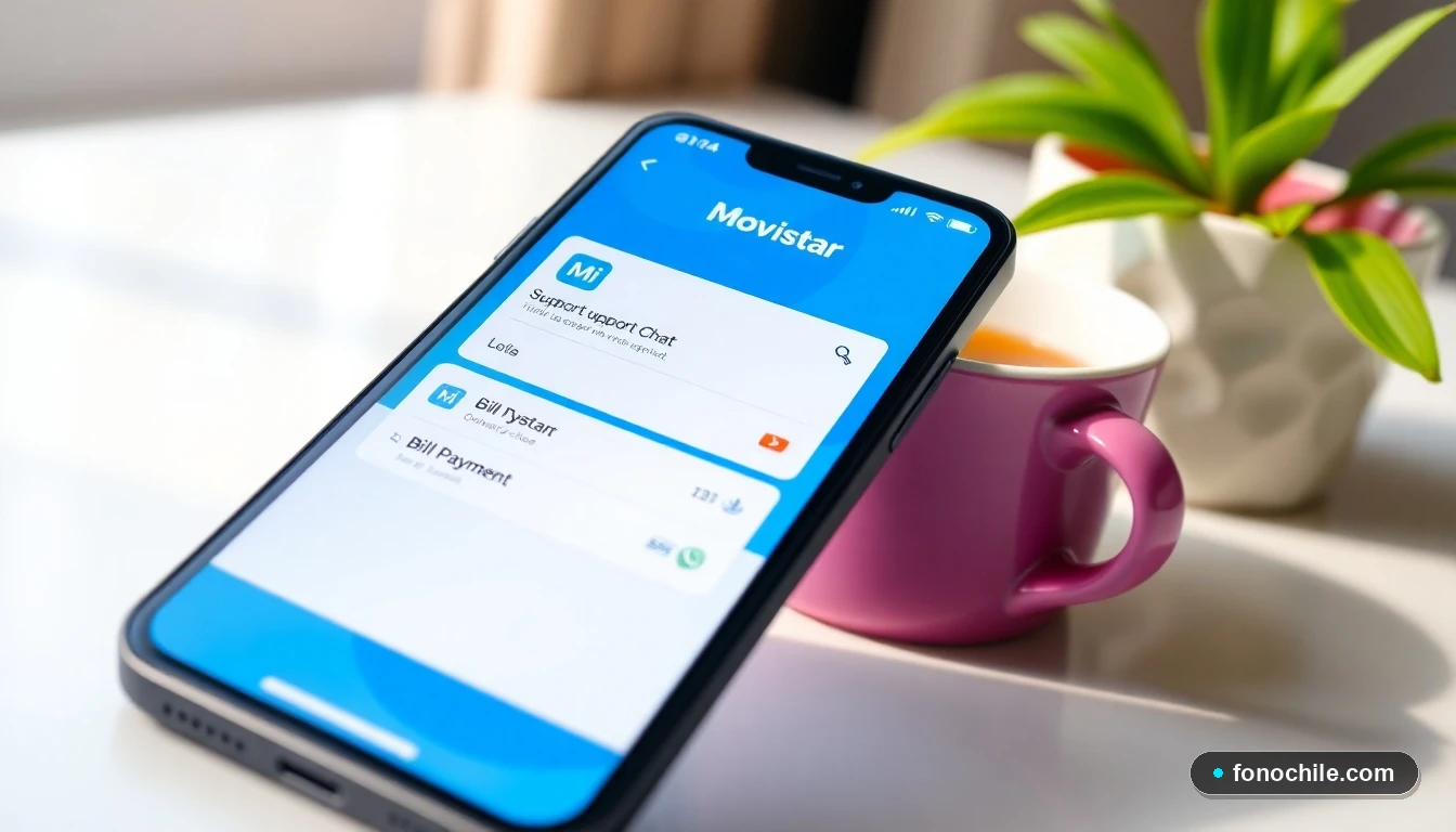 Interfaz de la aplicación Mi Movistar mostrando opciones de soporte y pago de facturas en un teléfono inteligente moderno.