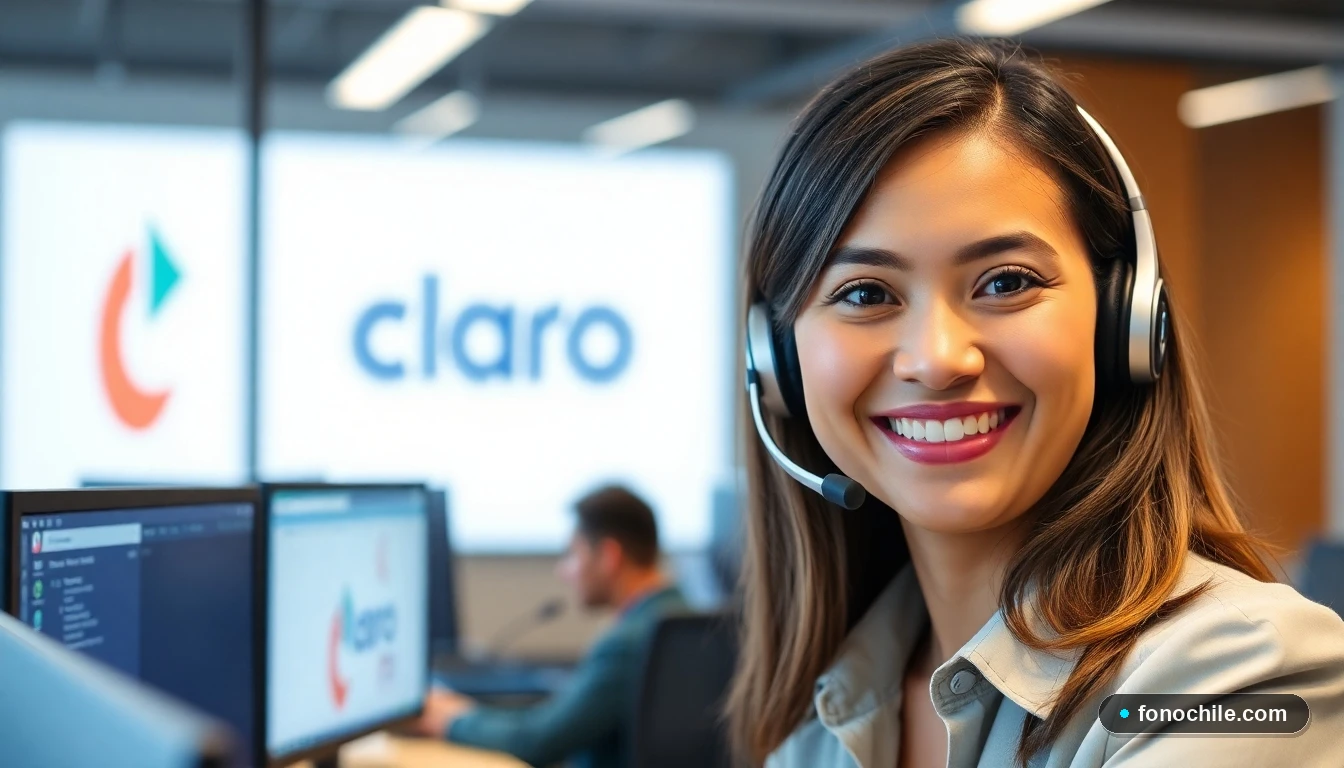 Agente de atención al cliente de Claro Chile en un moderno centro de contacto, ofreciendo soporte al usuario.