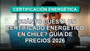Hombre hispano experto en certificación energética en Chile, mostrando un informe de eficiencia energética en su computador portátil.