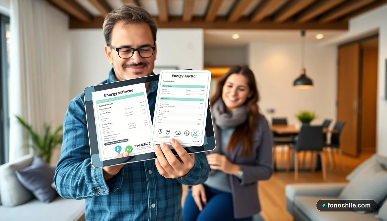 Auditor energético muestra certificado de eficiencia energética y su costo a clientes en Chile