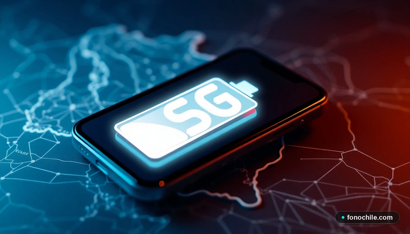 Cuidado de la batería de un celular moderno en Chile con conexión a red 5G de fondo