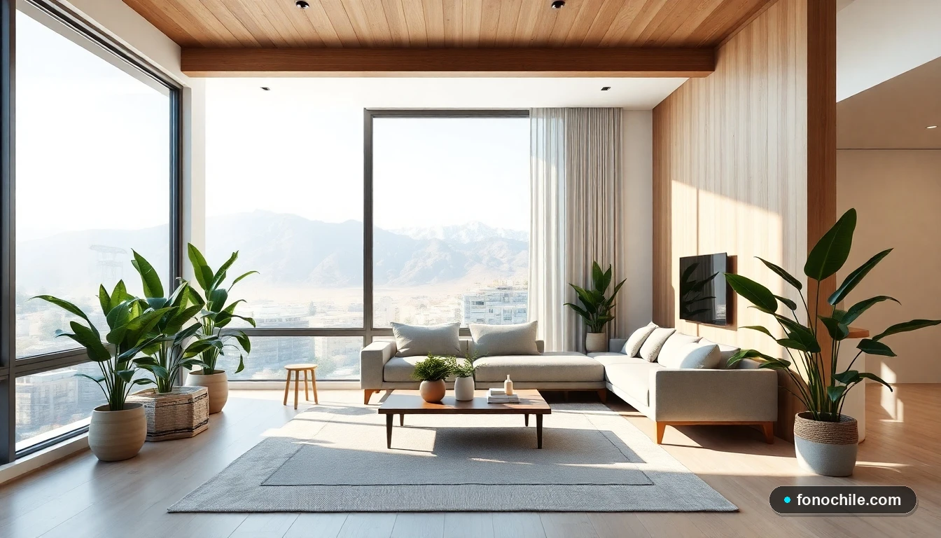 Salón moderno y minimalista en departamento chileno con decoración contemporánea
