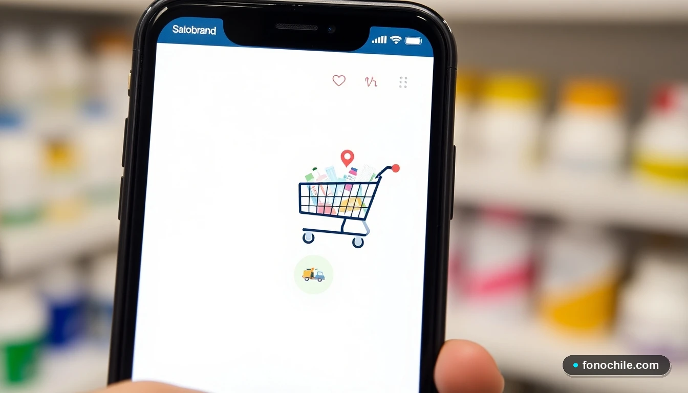 Pantalla de smartphone mostrando una app de farmacia chilena con pedido de delivery listo para enviar.