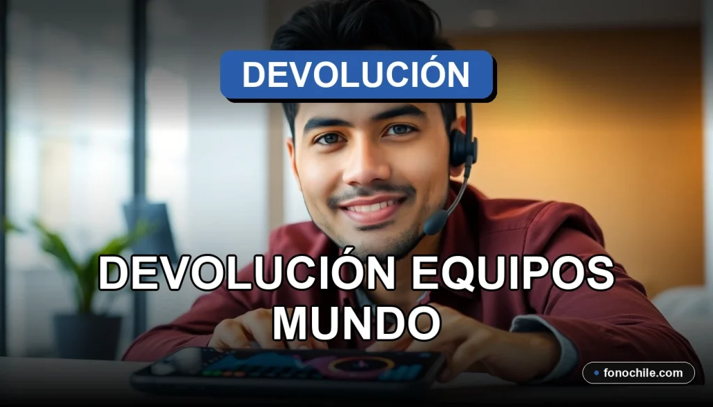 Proceso de devolución de equipos tecnológicos en Chile, gráficos abstractos en pantallas, servicio al cliente eficiente.