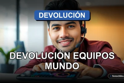 Proceso de devolución de equipos tecnológicos en Chile, gráficos abstractos en pantallas, servicio al cliente eficiente.