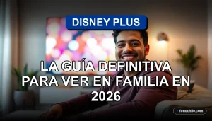 Una familia chilena disfruta de Disney Plus en su televisor en 2026, con contenido colorido y familiar en la pantalla.