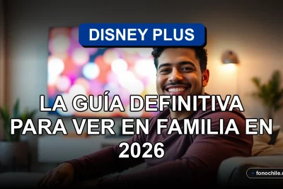 Una familia chilena disfruta de Disney Plus en su televisor en 2026, con contenido colorido y familiar en la pantalla.