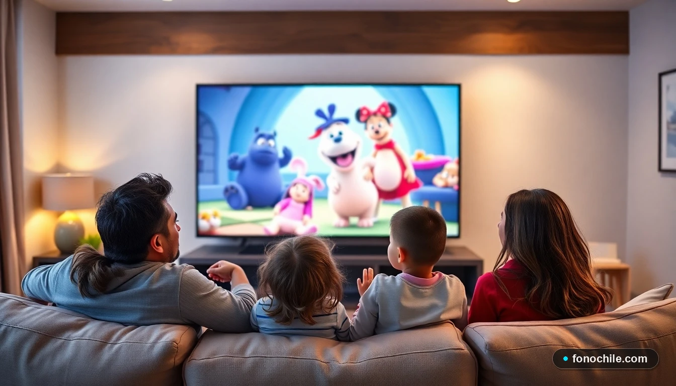 Familia chilena disfrutando de Disney Plus en su televisor inteligente en el living de su casa.
