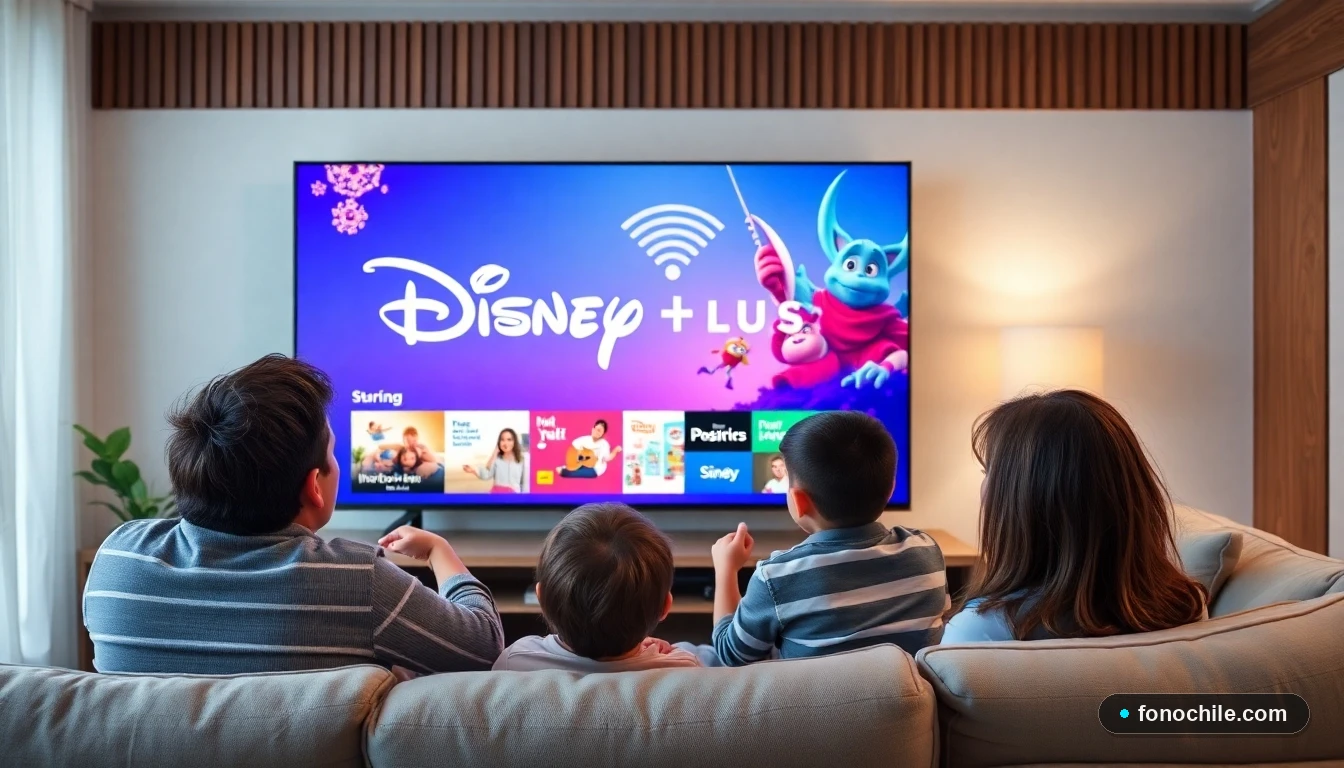 Familia chilena disfrutando de Disney Plus en su televisor inteligente con una conexión WiFi estable.