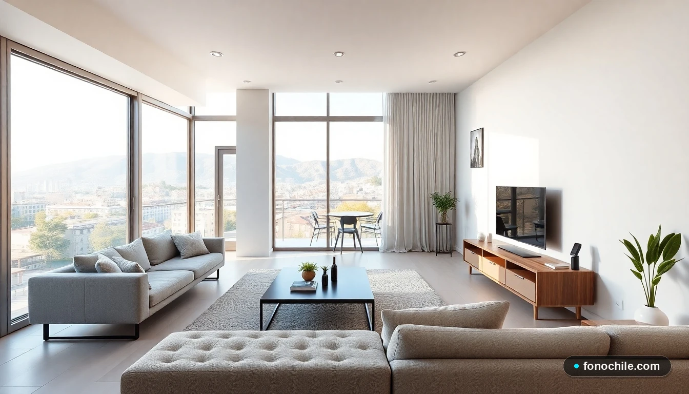 Distribución de espacios en un living moderno chileno con muebles inteligentes y concepto abierto