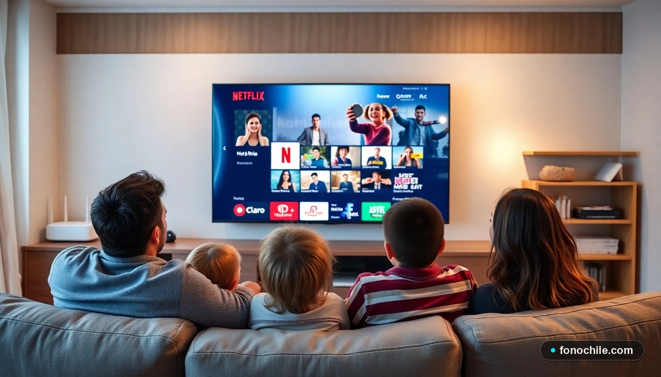 Familia chilena disfrutando de entretenimiento streaming en el living con conexión de fibra óptica Claro.