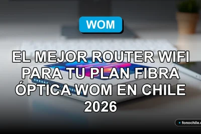 Router WiFi moderno para plan de fibra óptica WOM en una mesa de escritorio, mostrando conexión estable y rápida.