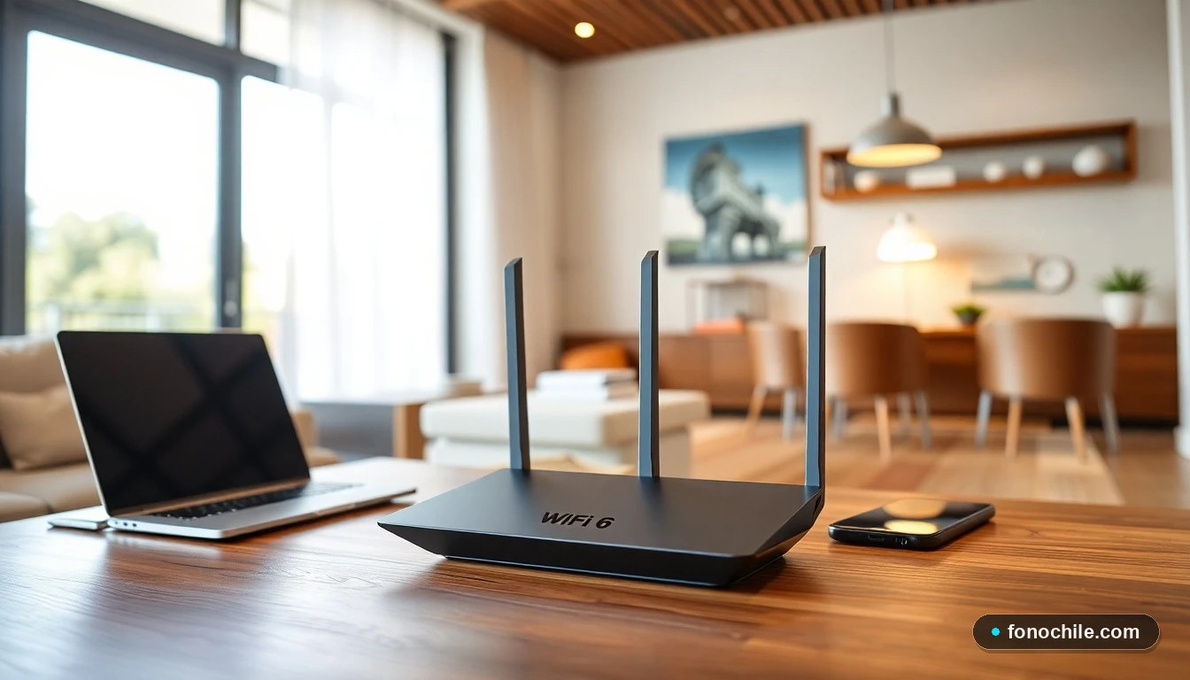 Router WiFi 6 moderno en hogar chileno para conexión de fibra óptica de alta velocidad.