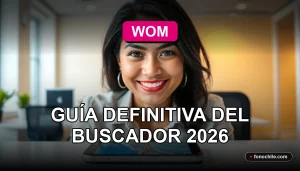 Mujer sonriente usando su teléfono móvil para encontrar la sucursal WOM más cercana en el mapa.
