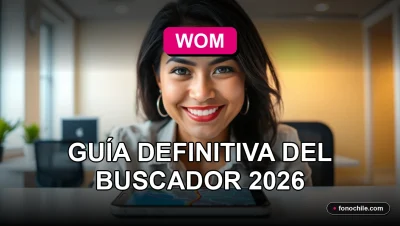 Mujer sonriente usando su teléfono móvil para encontrar la sucursal WOM más cercana en el mapa.