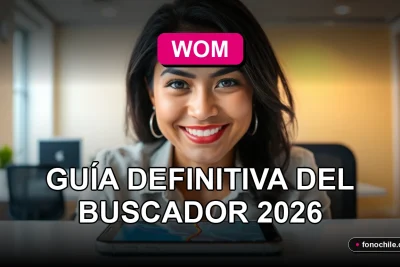 Mujer sonriente usando su teléfono móvil para encontrar la sucursal WOM más cercana en el mapa.