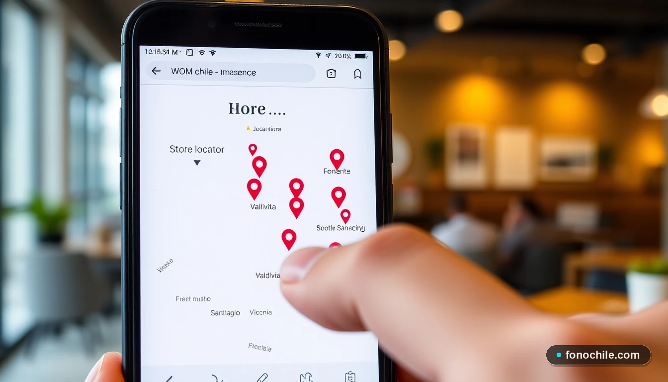 Persona usando el buscador de sucursales WOM en su celular para encontrar una tienda cercana en Chile