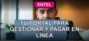 Portal web Entel Cuentas en un laptop sobre un escritorio moderno, mostrando gráficos abstractos de colores.