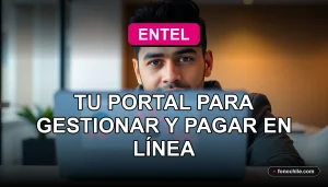 Portal web Entel Cuentas en un laptop sobre un escritorio moderno, mostrando gráficos abstractos de colores.