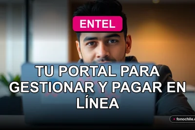 Portal web Entel Cuentas en un laptop sobre un escritorio moderno, mostrando gráficos abstractos de colores.
