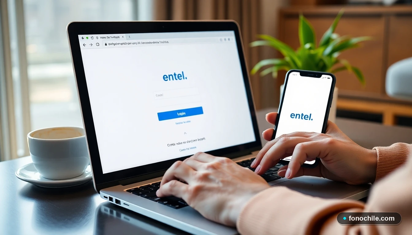 Persona gestionando sus cuentas de Entel en línea desde su computador portátil y teléfono móvil en Chile.