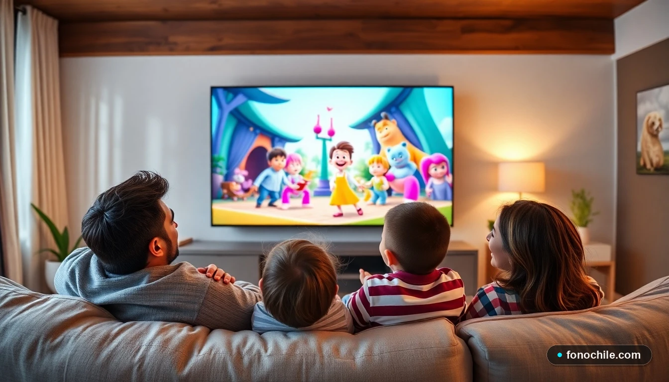 Familia chilena disfrutando de una película animada en el sofá con su televisor inteligente.