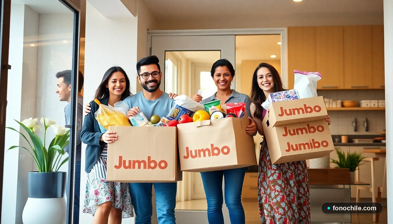 Familia chilena recibiendo delivery de supermercado Jumbo con envío gratis en su hogar