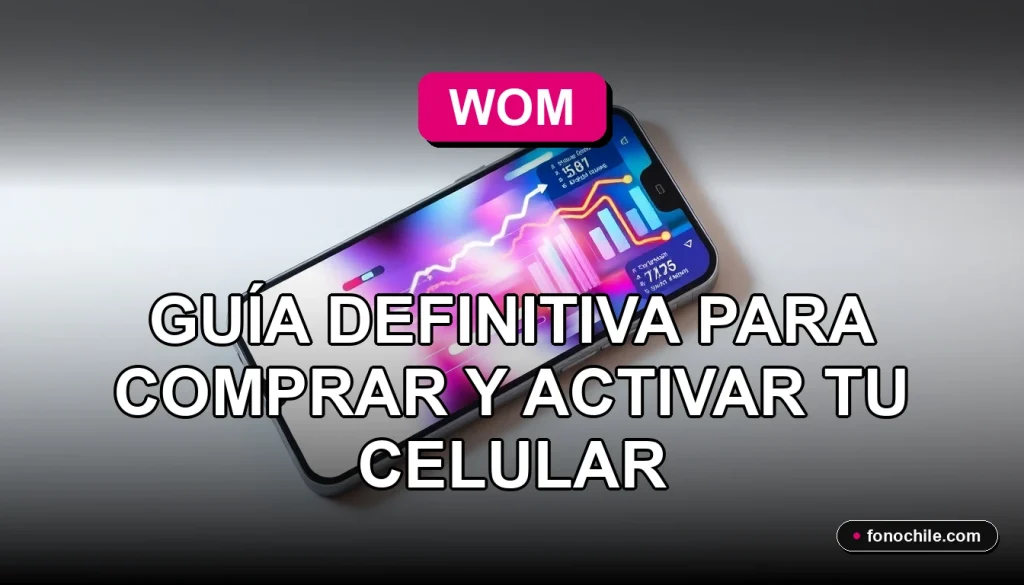 Celular WOM nuevo sobre escritorio con pantalla mostrando gráficos abstractos de colores, guía para activar equipo propio.