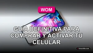 Celular WOM nuevo sobre escritorio con pantalla mostrando gráficos abstractos de colores, guía para activar equipo propio.