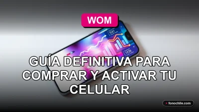 Celular WOM nuevo sobre escritorio con pantalla mostrando gráficos abstractos de colores, guía para activar equipo propio.