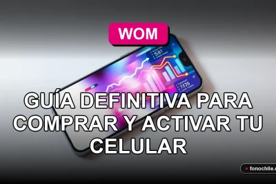 Celular WOM nuevo sobre escritorio con pantalla mostrando gráficos abstractos de colores, guía para activar equipo propio.